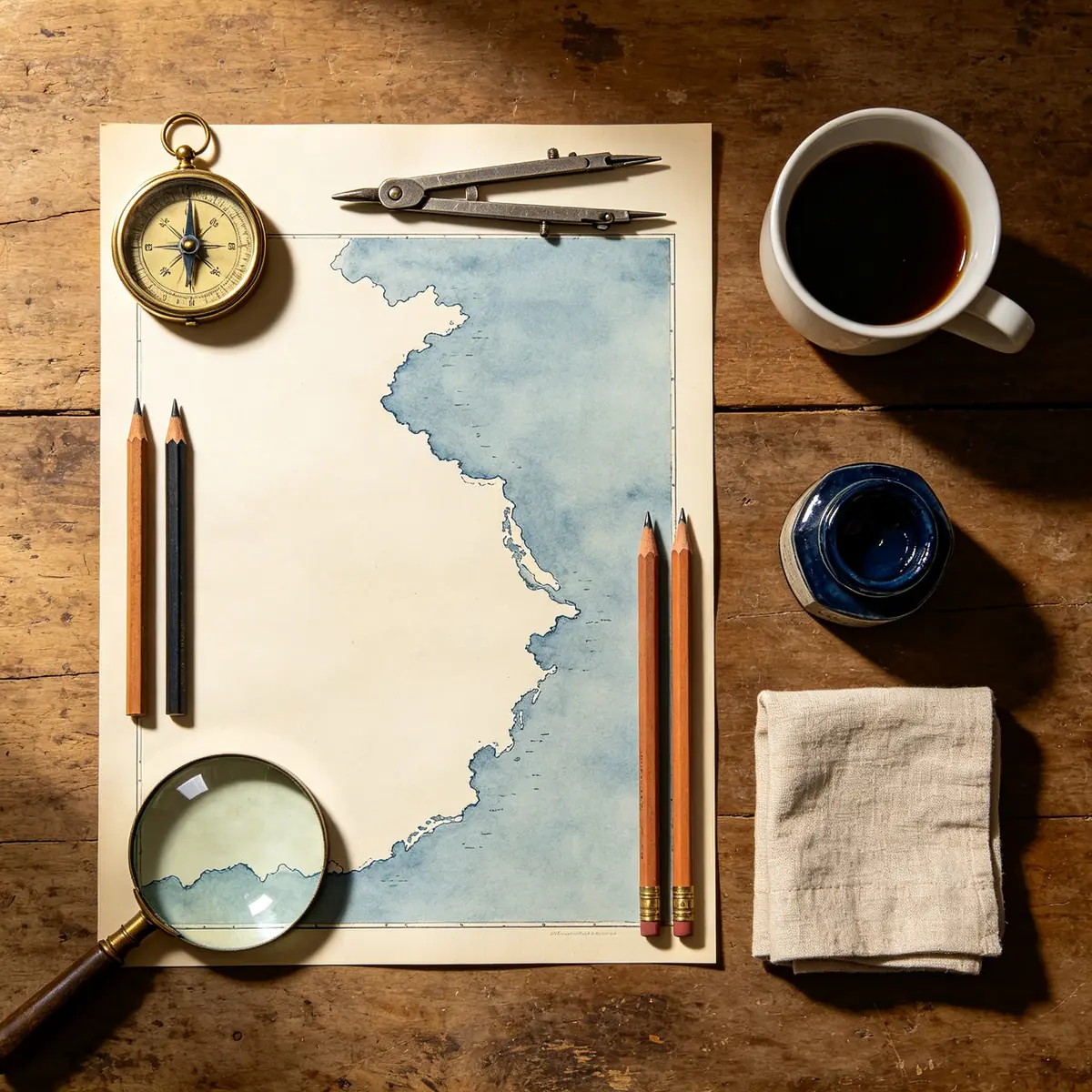 Vista cenital del escritorio de un cartógrafo con un mapa dibujado a mano, una brújula, un compás de latón y una taza de té ordenados en una cuadrícula.
