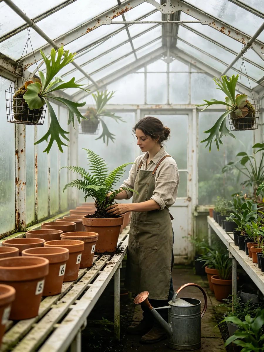 Una botánica con delantal de lona cuida helechos en maceta dentro de un alto invernadero victoriano con costillas de hierro y plantas colgantes.