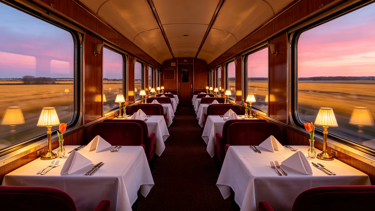 Un vagón restaurante de tren de mediados de siglo vacío al anochecer, con mesas puestas, lámparas de latón y un paisaje de atardecer desenfocado tras las ventanas.