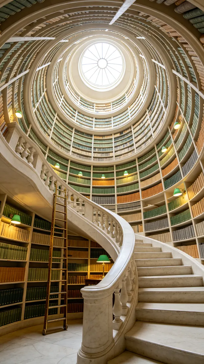 Vista hacia arriba de una escalera de caracol blanca rodeada de estanterías hacia un tragaluz redondo.