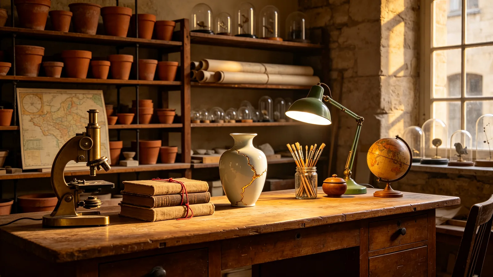 Un taller de restaurador lleno de muebles, con decenas de objetos distintos dispuestos en estantes de roble y un largo banco de trabajo, iluminado por la luz de ventana del final de la tarde.
