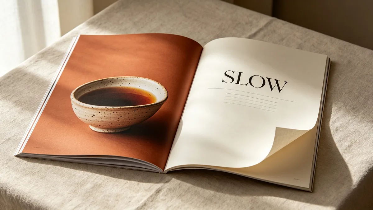 Una doble página de estilo revista que combina la fotografía de un cuenco de cerámica con la única palabra de titular SLOW en grandes letras con serifa.