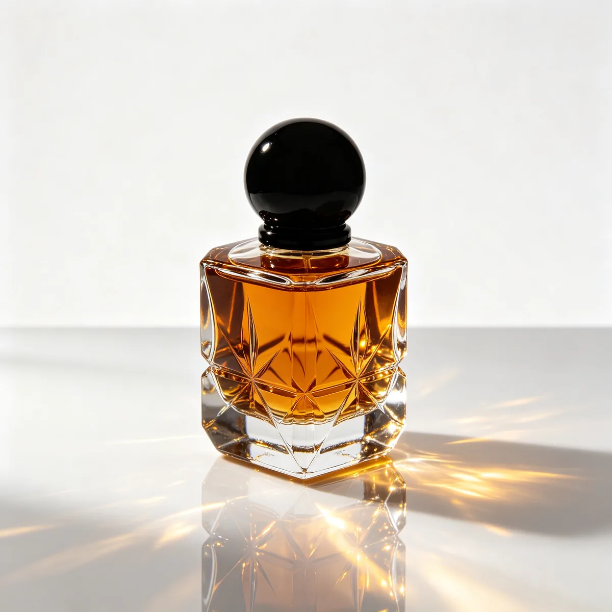 Un frasco de perfume de vidrio facetado sin etiqueta sobre un fondo blanco, con patrones de luz cáustica debajo.