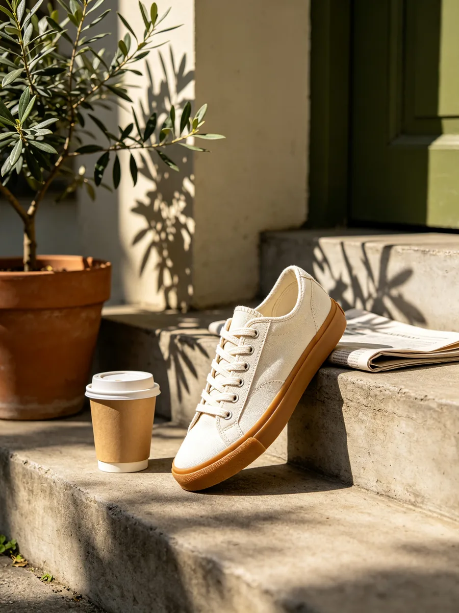 Una zapatilla de lona sin marca apoyada en un escalón de cemento soleado junto a un periódico doblado y un vaso de café.