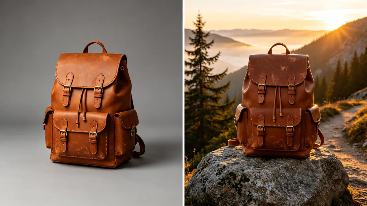 La misma mochila de cuero mostrada dos veces: sobre un fondo gris de estudio y en un sendero de montaña al amanecer.