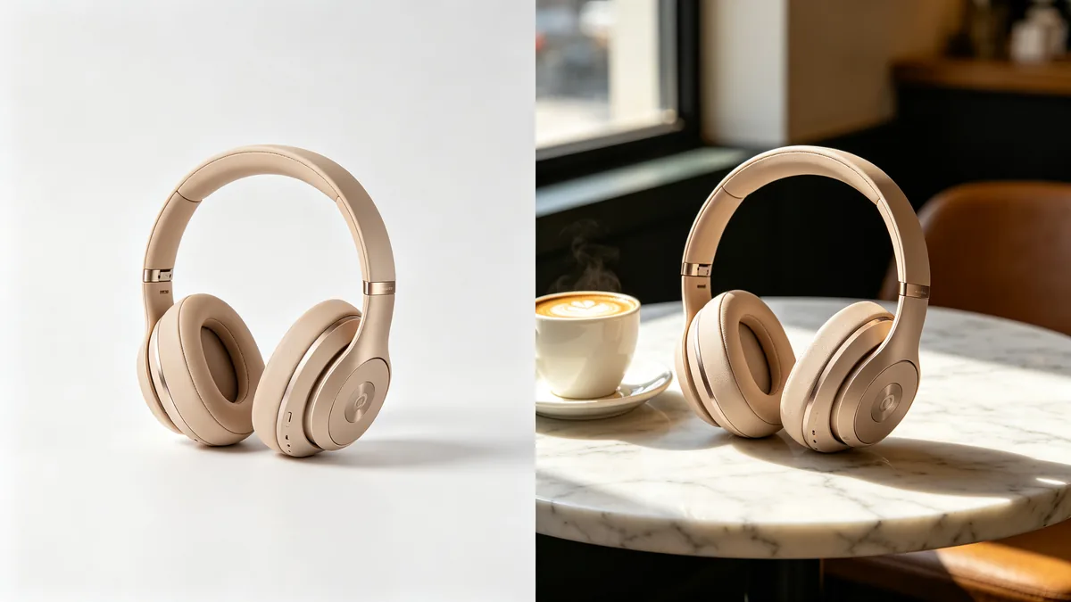 Una imagen dividida que muestra los mismos auriculares sobre un fondo blanco de estudio a la izquierda y sobre una mesa de cafetería a la derecha.