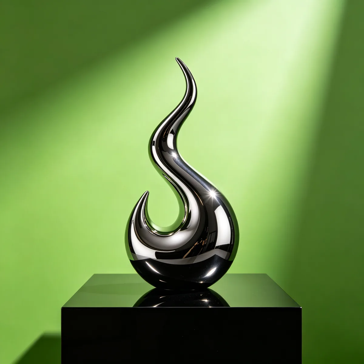 Una escultura abstracta de cromo líquido sobre un fondo verde ácido, que refleja su entorno.