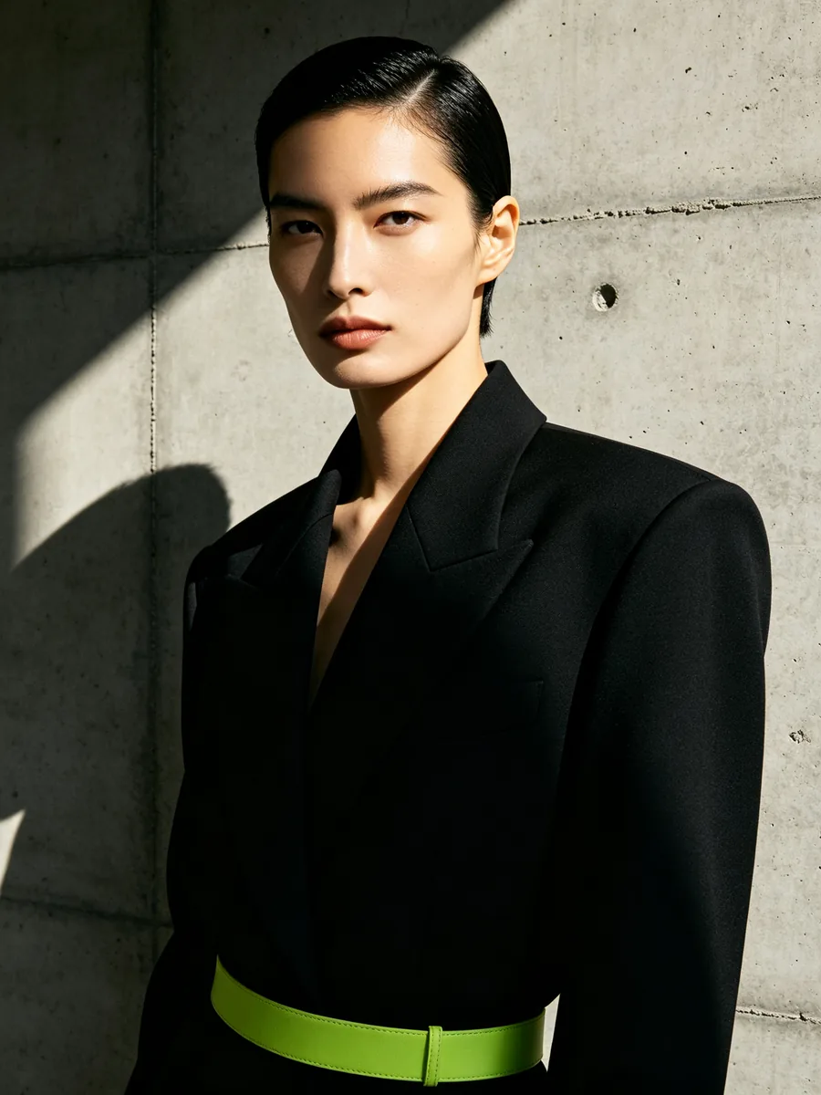 Una modelo con un blazer negro oversize de pie frente a una pared de hormigón visto bajo un sol intenso.
