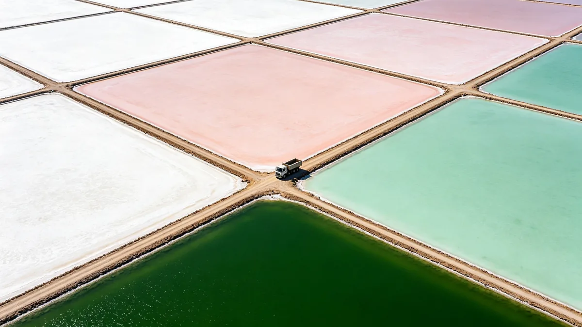 Vista aérea de piscinas geométricas de evaporación de sal en blanco, rosa y verde.