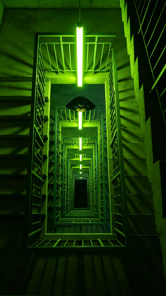 Un hueco de escalera cuadrado de hormigón iluminado por un único tubo de neón verde, visto desde abajo.