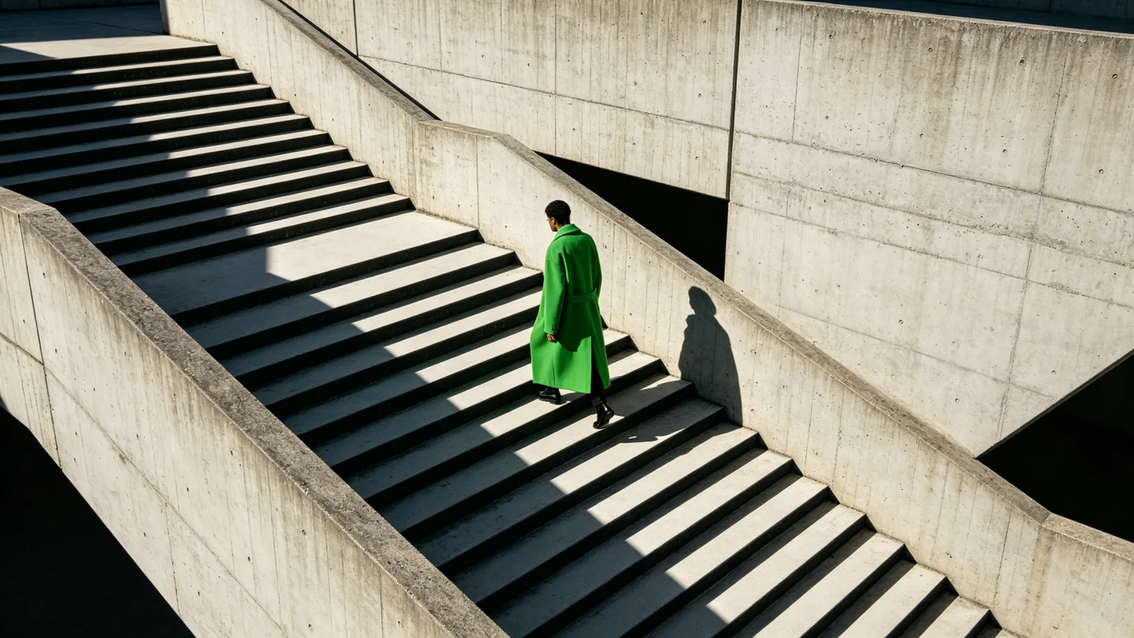 Una figura con un abrigo verde ácido baja una enorme escalinata brutalista de hormigón bajo la luz dura del mediodía.