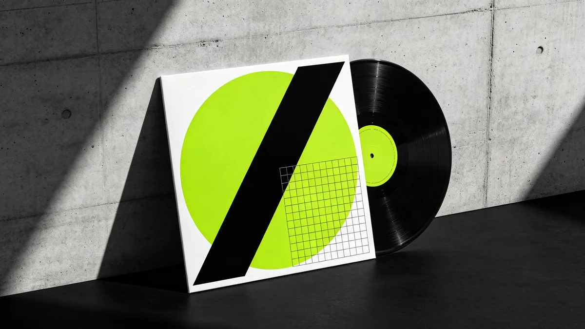 Una funda de disco cuadrada con geometría abstracta negra y verde apoyada contra una pared de hormigón.