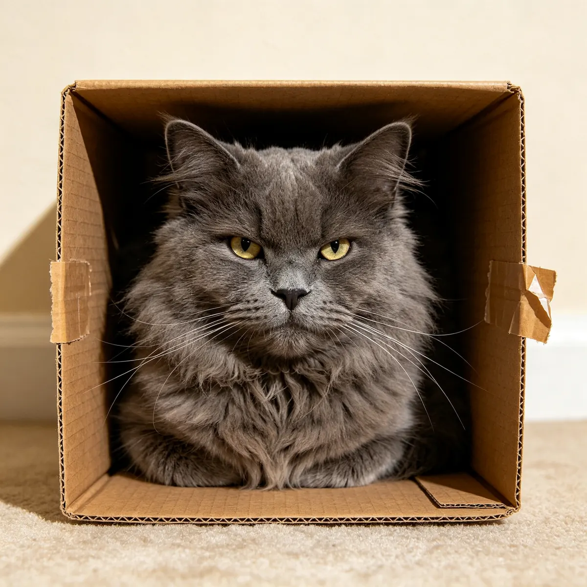 Un gato gris sentado en una pequeña caja de cartón mira a la cámara con cara de pocos amigos.