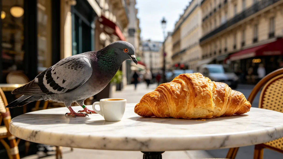 Una paloma se enfrenta a un cruasán más grande que su cabeza sobre la mesa de un café.
