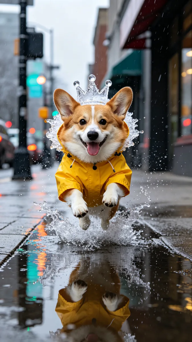 Un corgi con un impermeable amarillo salta a un charco y salpica agua por todas partes.