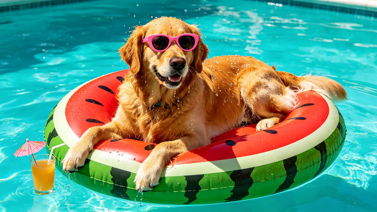 Un golden retriever con gafas de sol recostado en un flotador inflable de piscina, iluminado con flash directo.