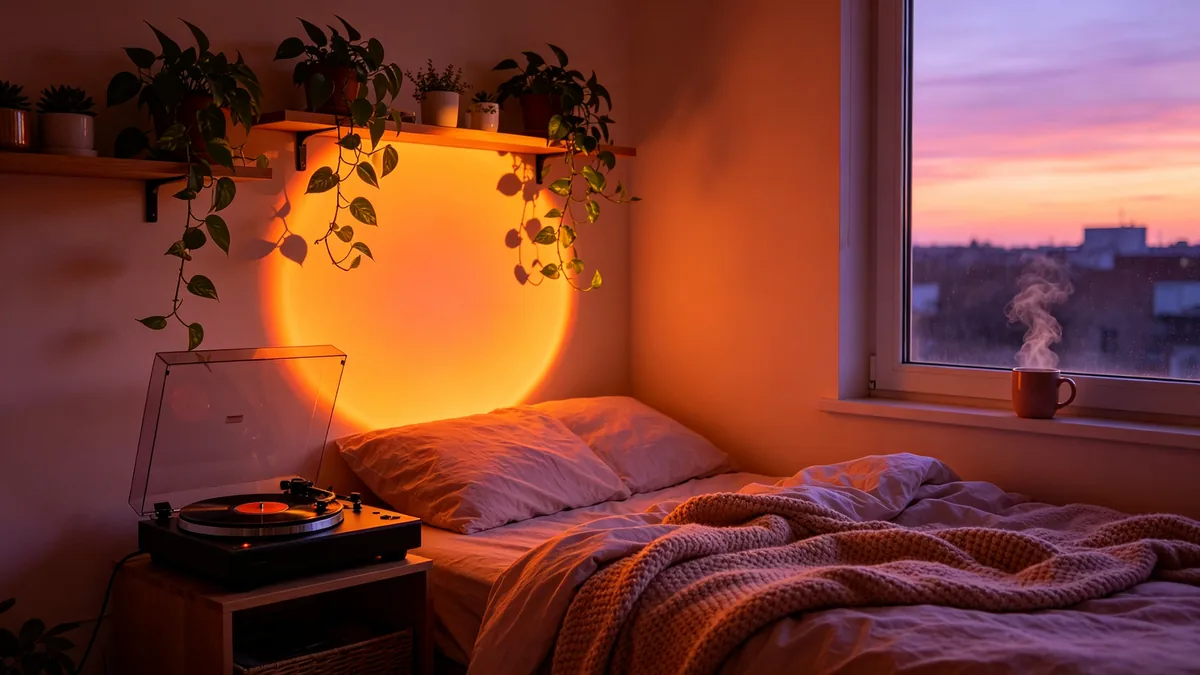 Un dormitorio acogedor iluminado por una lámpara de proyección de atardecer, con plantas y un tocadiscos.