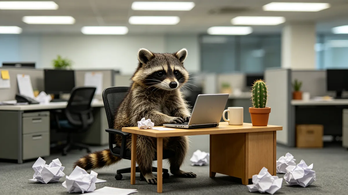 Un mapache sentado ante un diminuto escritorio de oficina frente a un portátil, con cara de agobio.
