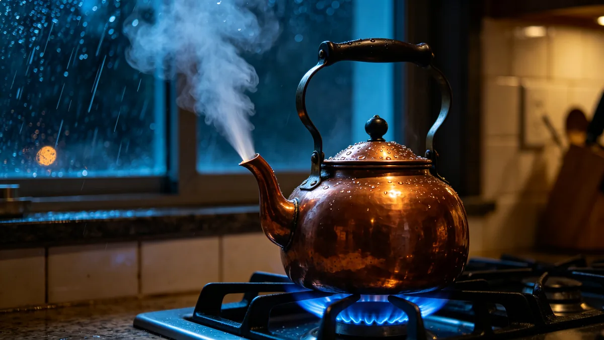 Un primer plano de un hervidor que silba sobre una cocina de gas con una bocanada de vapor.