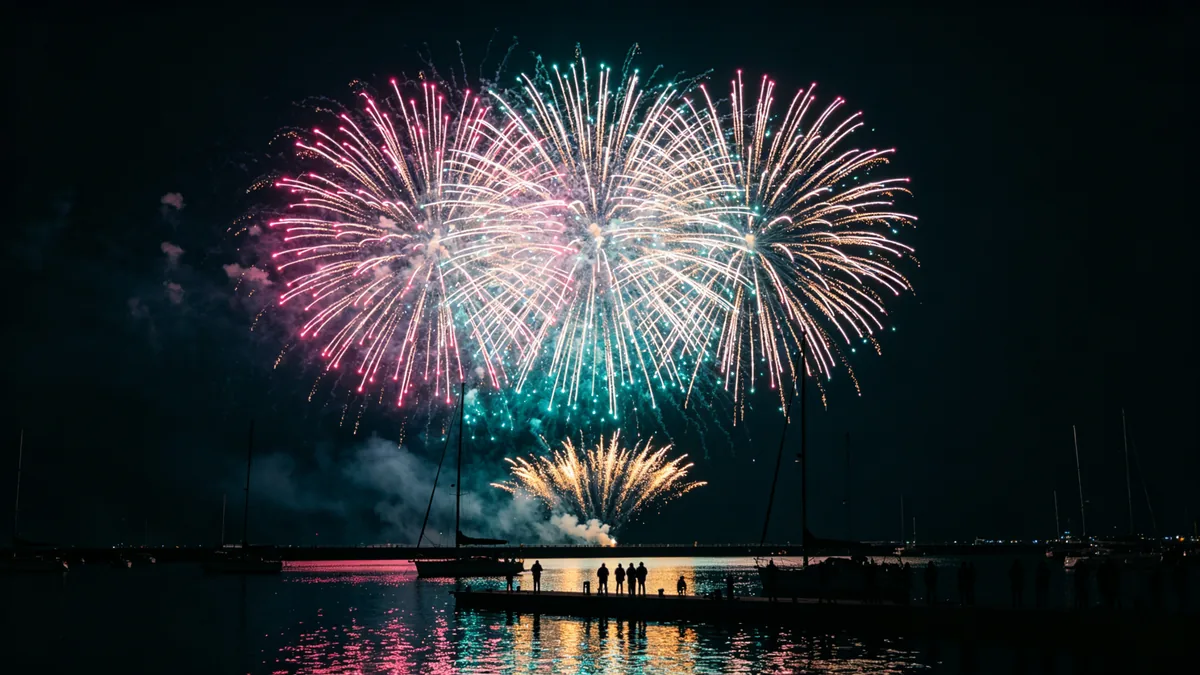 Fuegos artificiales estallan sobre un puerto y se reflejan en el agua oscura.