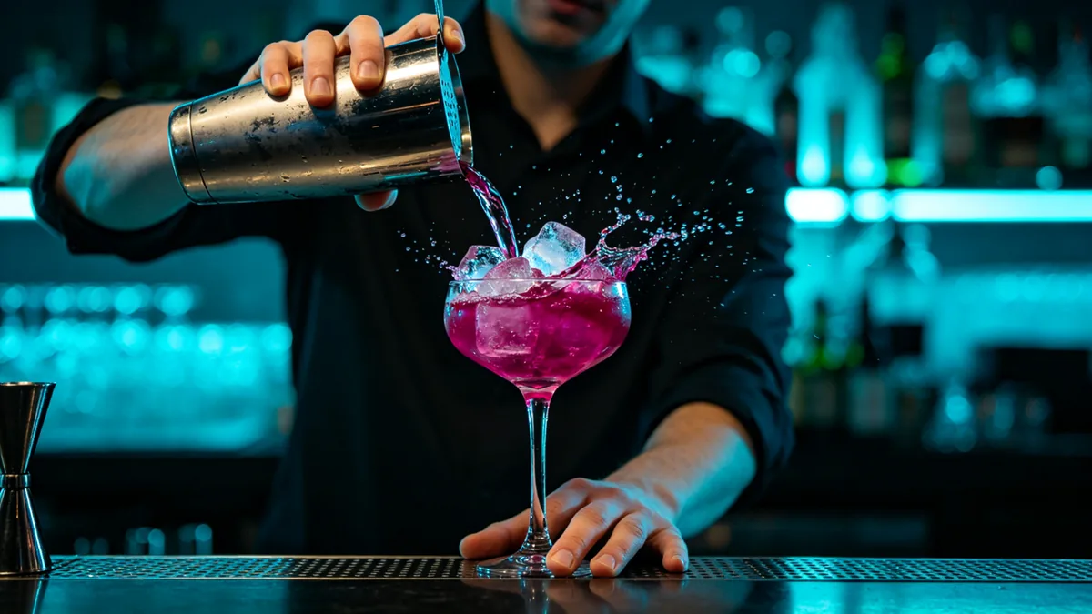 Un bartender agita un cóctel mientras el hielo y el líquido salpican en cámara lenta.