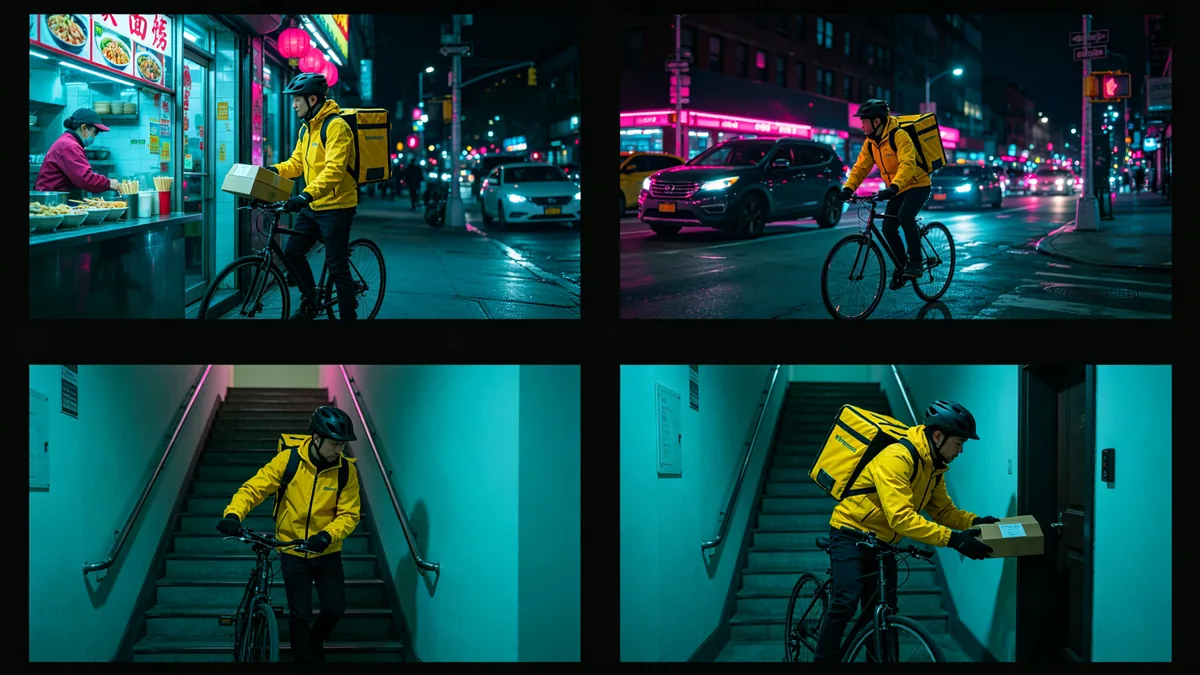 Un storyboard de dos por dos con el mismo mensajero de chaqueta amarilla recorriendo la ciudad de noche.
