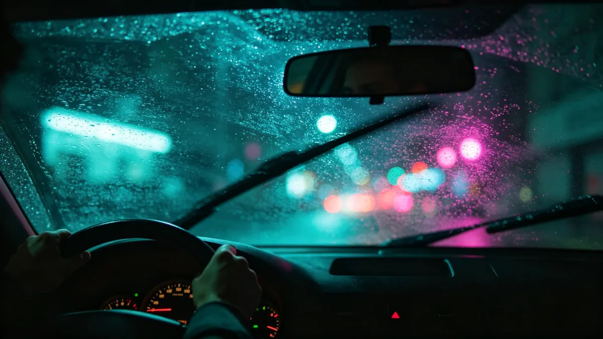 Lluvia en el parabrisas de un auto de noche, con bokeh de neón y limpiaparabrisas en movimiento.