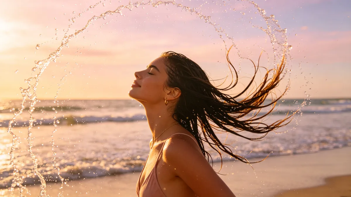 Una chica echa hacia atrás el pelo en cámara lenta en una playa en la hora dorada, con gotas de agua volando.