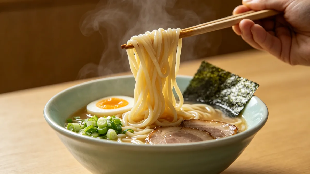 Unos palillos levantan fideos de un cuenco humeante de ramen.