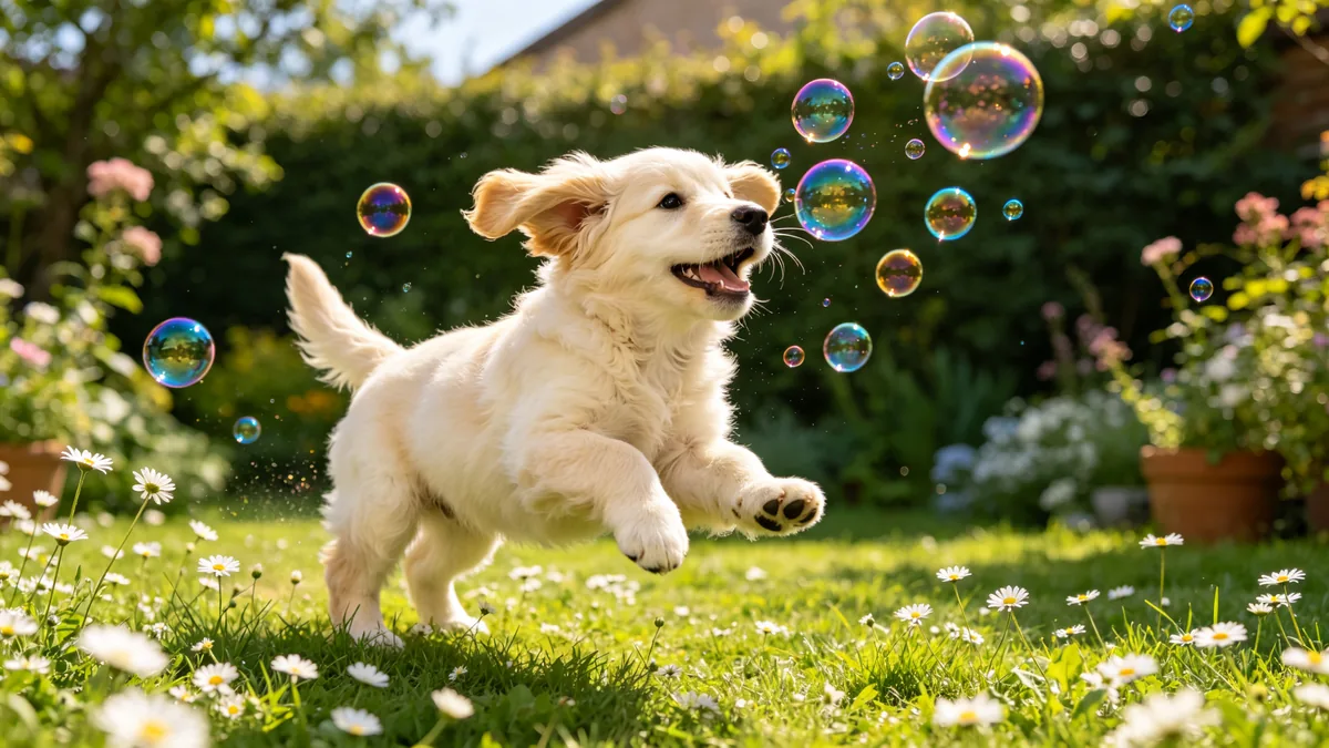 Un cachorro persigue pompas de jabón en un jardín soleado.