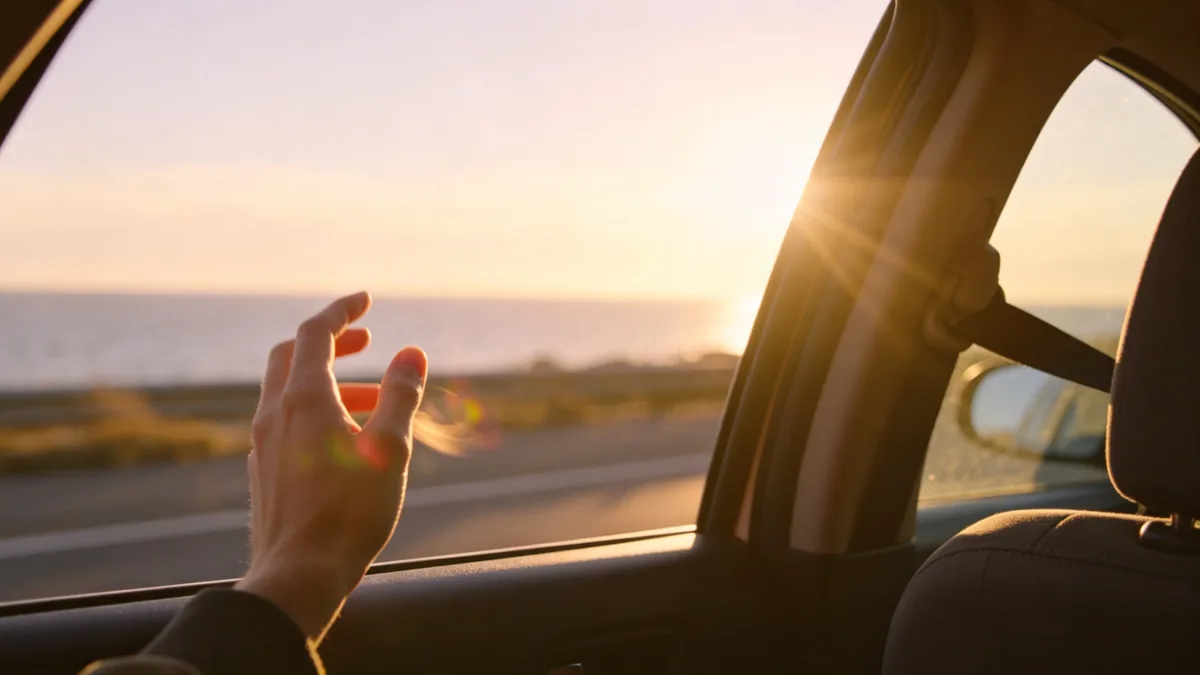 La luz del sol destella por la ventanilla de un auto en un viaje por la costa, con una mano jugando con el viento.