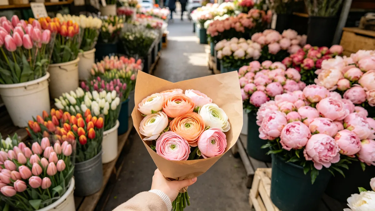 Una vista en primera persona caminando por un mercado de flores con un ramo envuelto en papel.