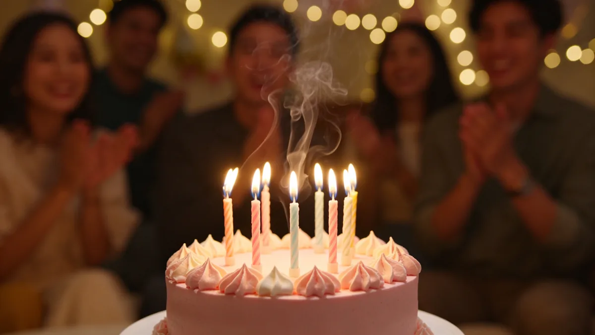 Un travelling lento hacia un pastel de cumpleaños mientras se apagan las velas.