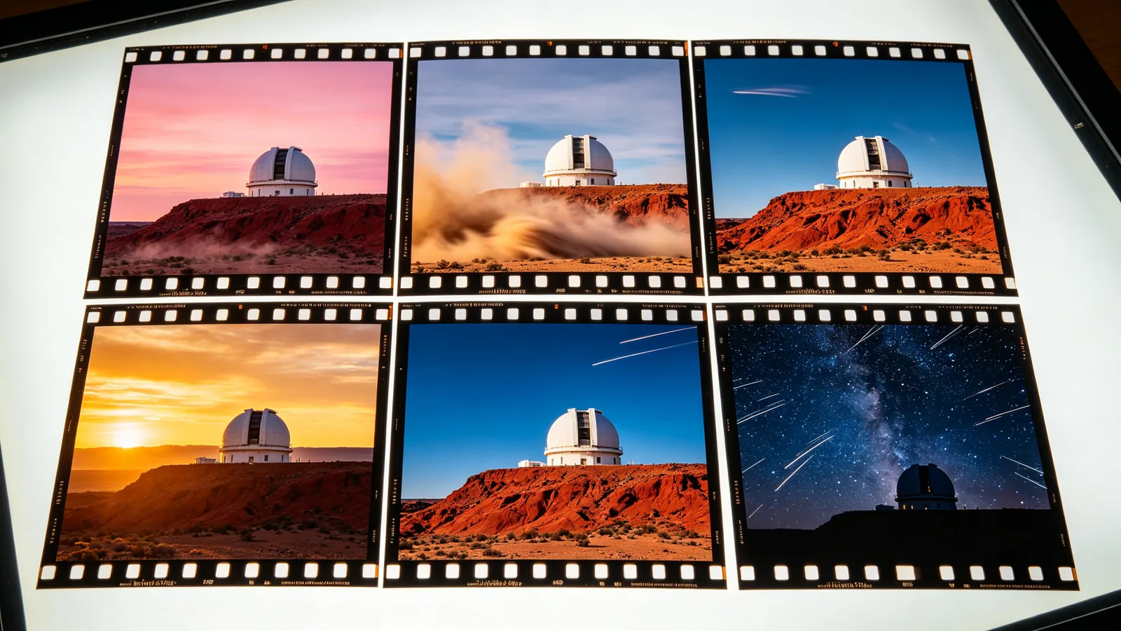 Una hoja de contactos con seis fotogramas de un observatorio en el desierto, del amanecer a la noche, algunos fijos y otros en movimiento.