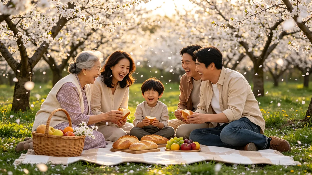 Una familia ríe alrededor de un mantel de pícnic en un huerto mientras caen pétalos de flor.
