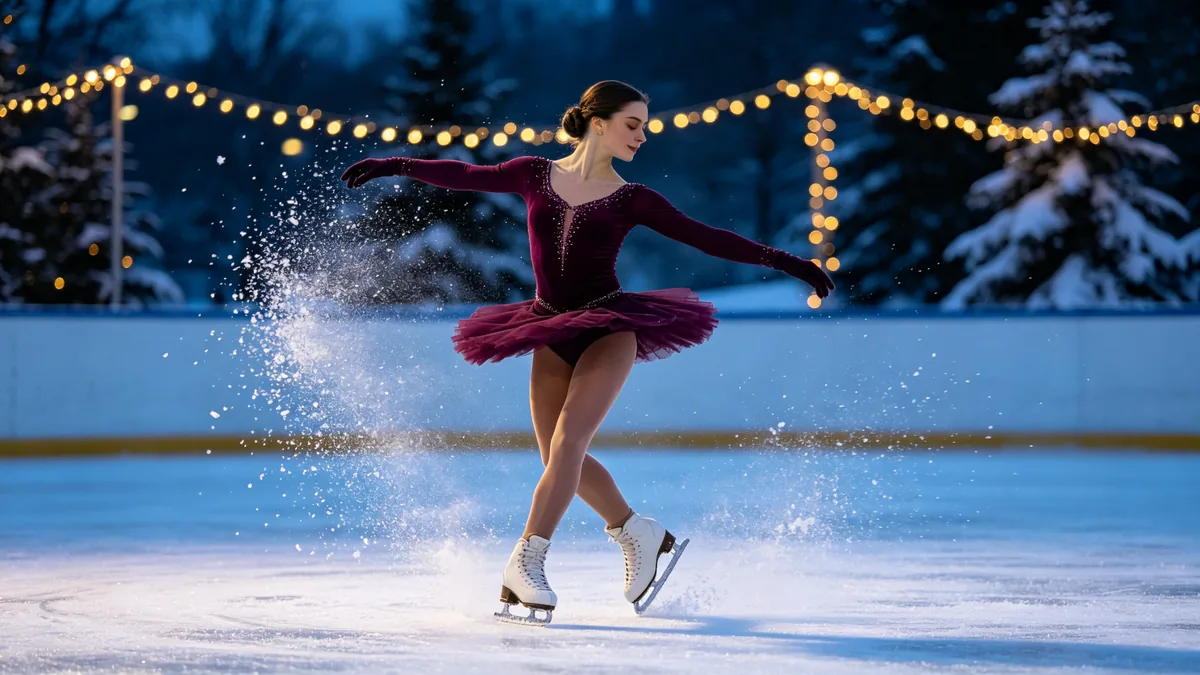 Una patinadora artística gira en una pista al aire libre al anochecer mientras la cámara la rodea de cerca.