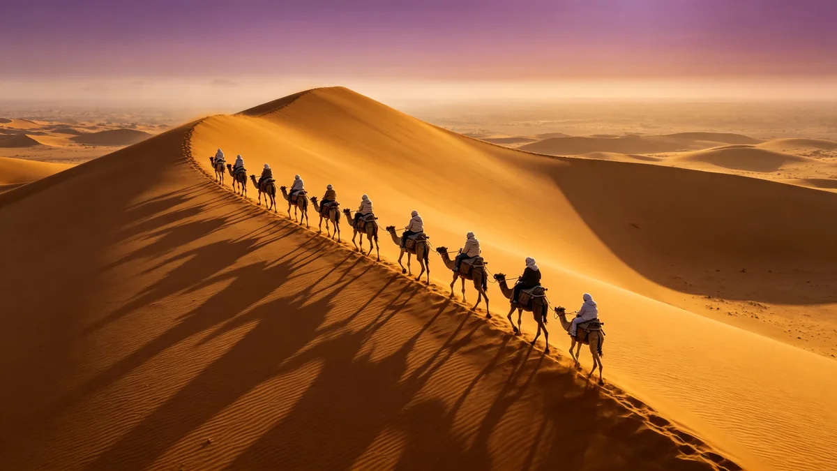 Una fila de camellos cruza la cresta de una duna al amanecer, vista desde un dron lento.