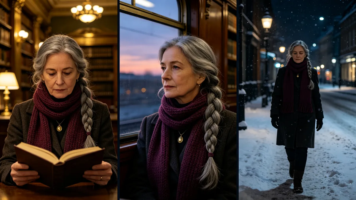 La misma mujer con una larga trenza gris y una bufanda ciruela aparece en tres cuadros: una biblioteca, un tren y una calle nevada.