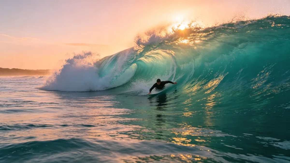 Un surfista atraviesa una ola turquesa que rompe al amanecer, con el sol brillando detrás de la cresta.