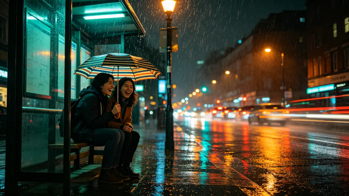 Dos amigos comparten un paraguas en una parada de autobús bajo la lluvia mientras las luces del tráfico pasan en estelas.