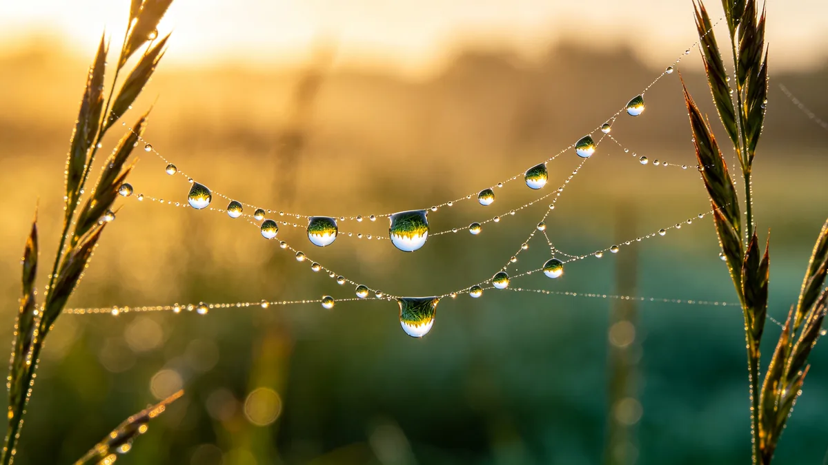 Un plano macro de gotas de rocío en una telaraña al amanecer, cada gota reflejando el prado.