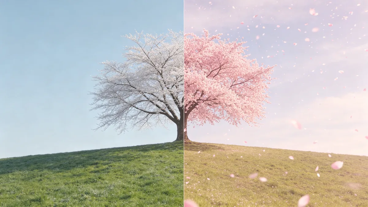 Un fotograma dividido que muestra el mismo cerezo de una ladera cubierto de escarcha blanca a la izquierda y en plena floración rosa a la derecha.