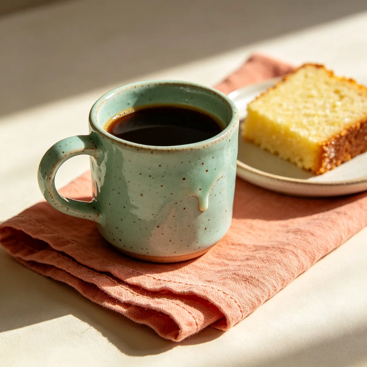 Una taza de cerámica moteada verde menta con café descansa sobre una servilleta de lino coral doblada, junto a una porción de pastel de limón.