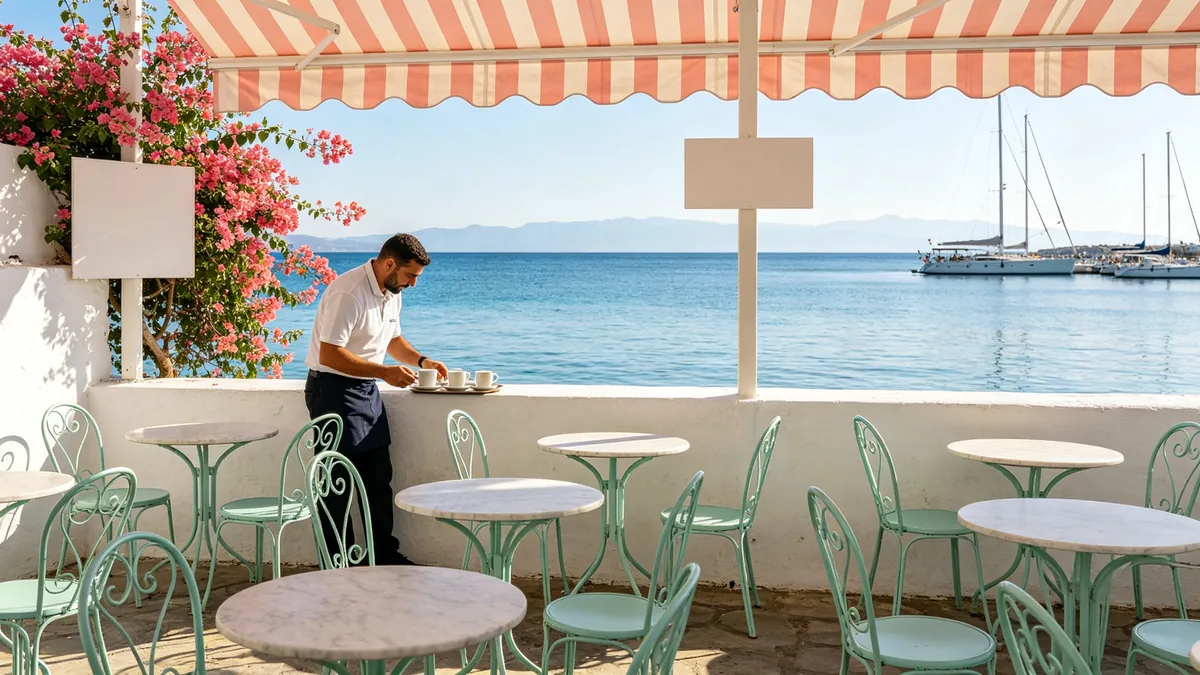 La pequeña terraza de un café junto al mar, con sillas verde menta y toldos coral, frente a una bahía azul en calma por la mañana.