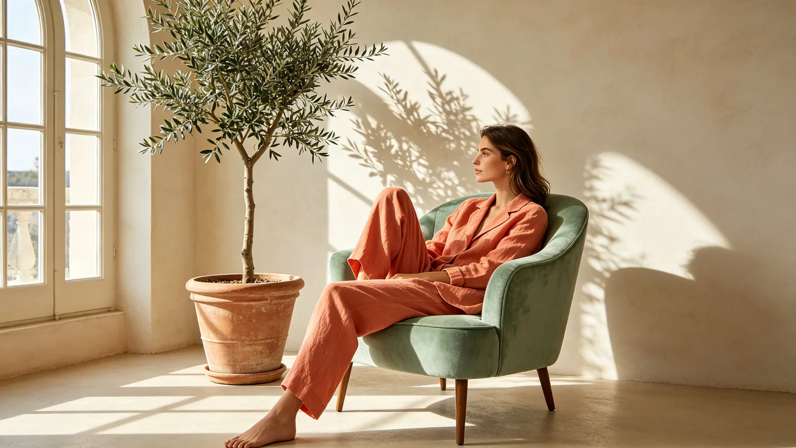 Una modelo con un traje de lino coral sentada en un sillón verde menta en un estudio soleado con ventanales en arco.