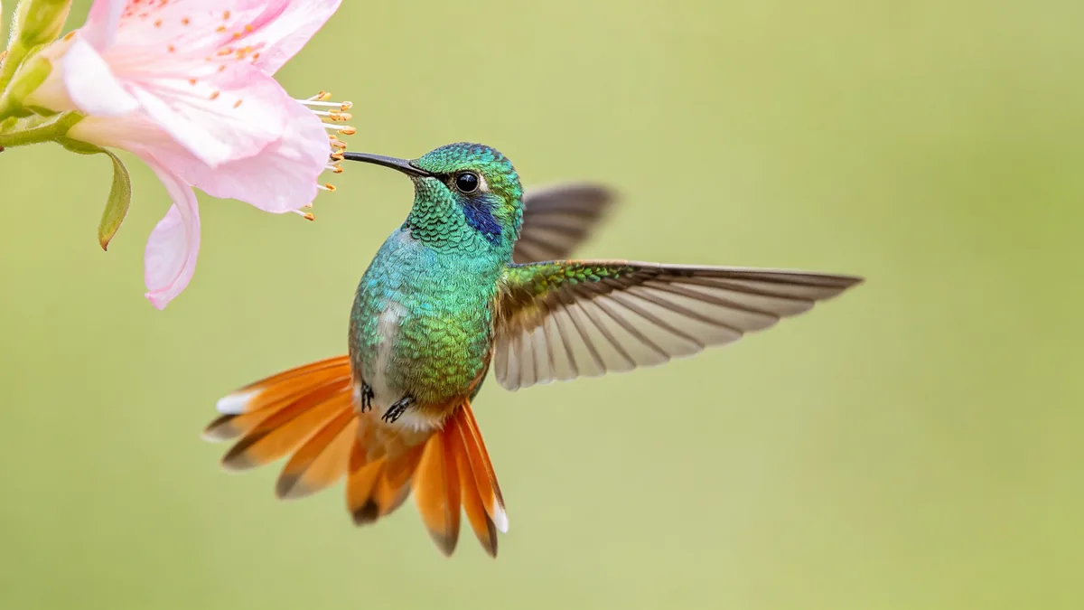 Una fotografía macro de un colibrí verde menta y coral que se alimenta de una flor, con cada pluma nítida.