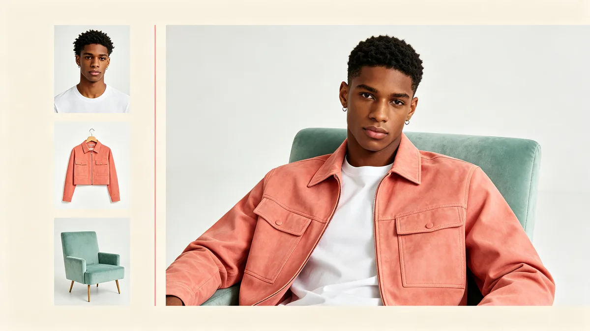 A la izquierda, tres fotos de referencia de un hombre joven con camiseta blanca, una chaqueta coral y un sillón verde menta; a la derecha, una foto combinada de él con la chaqueta, sentado en el sillón.