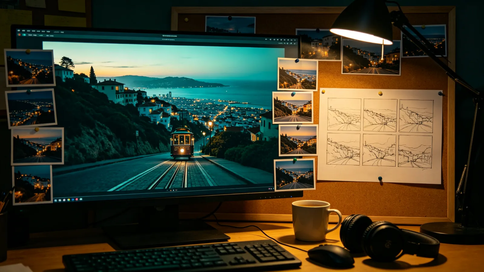 Una mesa de montaje con un monitor que muestra un pueblo costero al atardecer, rodeado de fotogramas impresos y de un storyboard dibujado a mano del mismo pueblo.