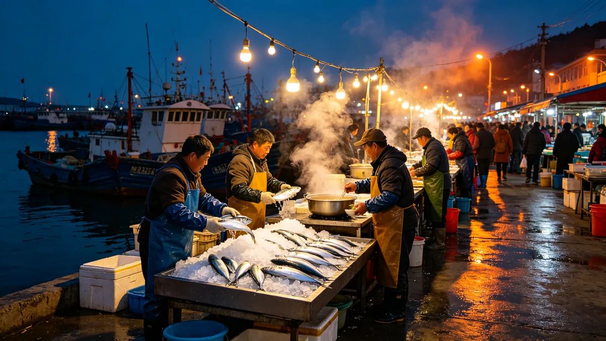 Bajo guirnaldas de bombillas cálidas, los vendedores clasifican sobre hielo la pesca de la noche en un mercado de pescado del puerto.