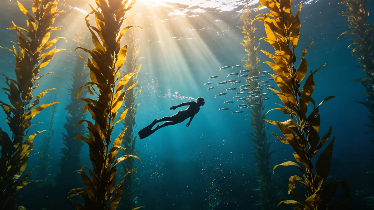 Un apneísta se desliza entre altos tallos de kelp mientras los rayos de sol atraviesan el agua en diagonal.